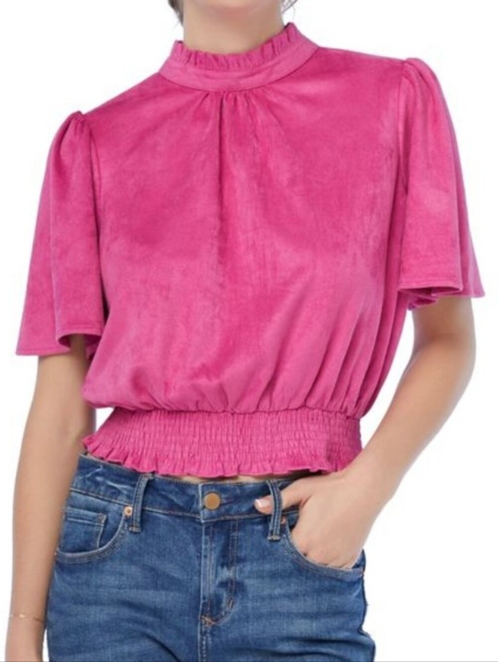Smocked Waist Faux Suede Blouse Top
